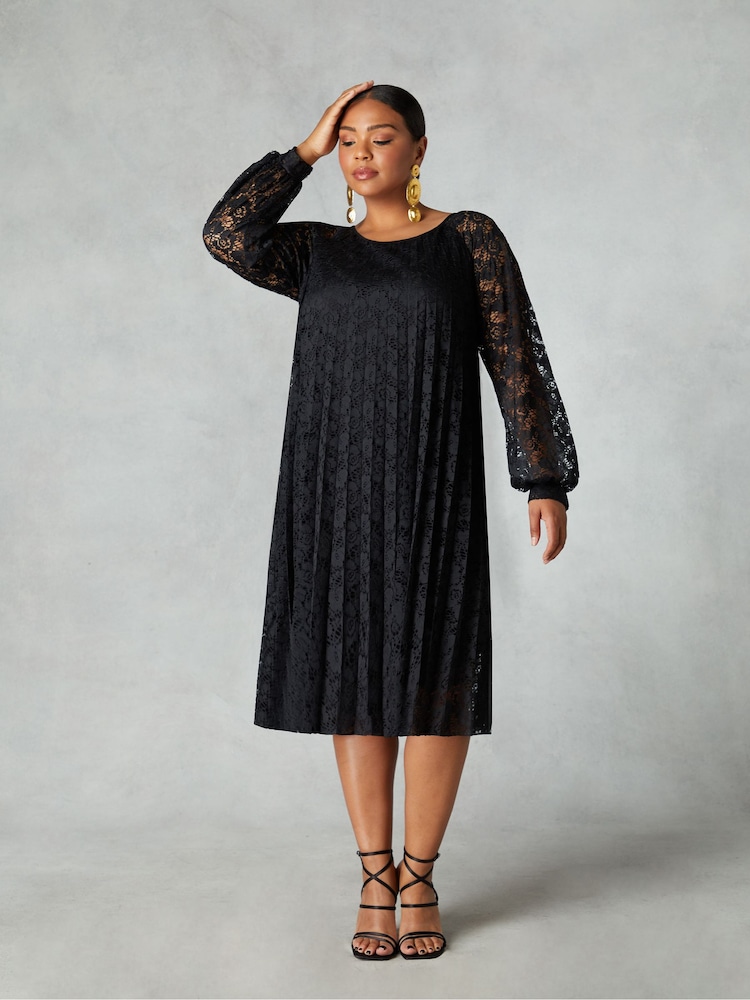 Live Unlimited Black Relaxed Curve Lace Pleated Dress - Image 2 of 5