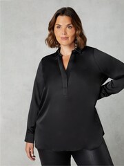 Live Unlimited Black Satin Placket Front Longline Shirt - Image 1 of 1