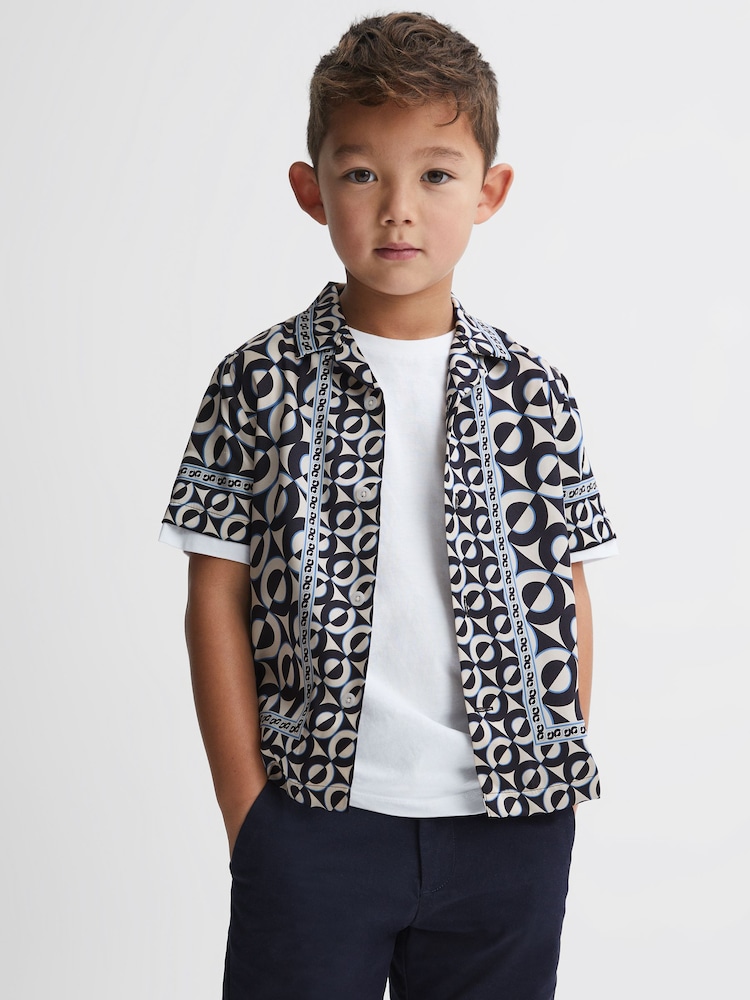 Reiss Lapis Blue Prentice 9-13 yrs Printed Cuban Collar Shirt - Image 1 of 6