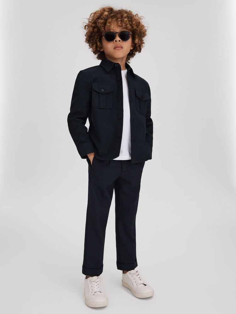 Reiss Navy Thomas 3-9 yrs Brushed Cotton Patch Pocket Overshirt - Image 1 of 4