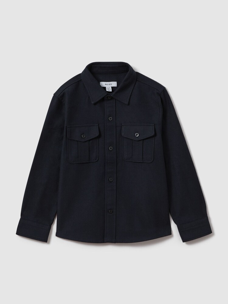 Reiss Navy Thomas 3-9 yrs Brushed Cotton Patch Pocket Overshirt - Image 2 of 4