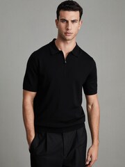 Reiss Black/Gunmetal Maxwell Merino Wool Half-Zip Polo Shirt - Image 1 of 6