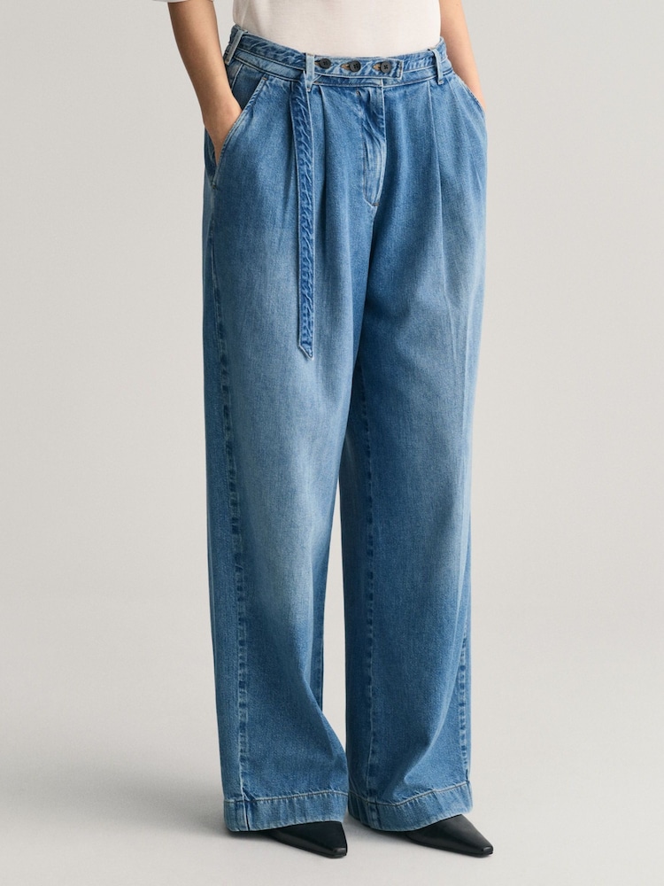 GANT Blue Relaxed Fit Wide Leg Belted Jeans - Image 1 of 7