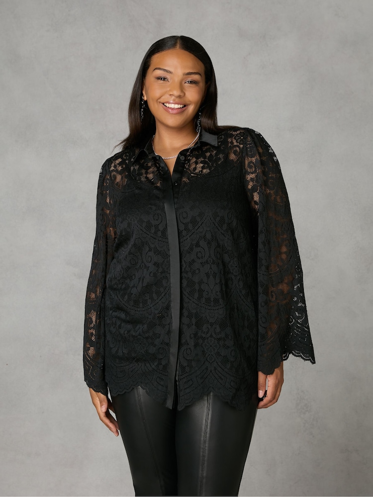 Live Unlimited Black Curve Lace Satin Contrast Shirt - Image 1 of 4