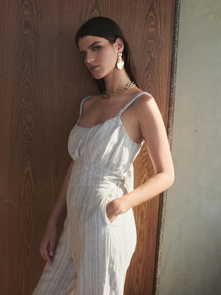 Neutral Stripe Linen Blend Tie Back Jumpsuit - Image 2 of 6