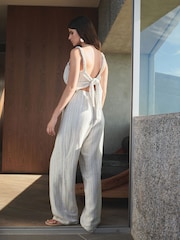 Neutral Stripe Linen Blend Tie Back Jumpsuit - Image 3 of 6