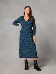 Live Unlimited Blue Petite Leopard Print Curve Jersey Relaxed Midi Dress - Image 1 of 4
