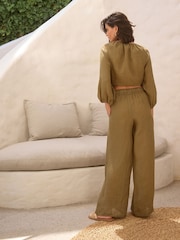 Khaki Green Premium 100% Linen Boho Tie Top - Image 5 of 8