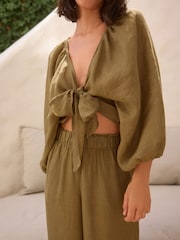 Khaki Green Premium 100% Linen Boho Tie Top - Image 6 of 8