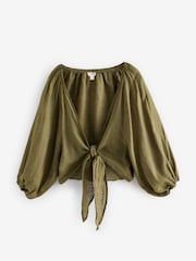 Khaki Green Premium 100% Linen Boho Tie Top - Image 7 of 8