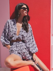 White/Black Puff Sleeve Tie Cover Up Top - Image 1 of 6