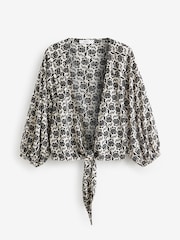 White/Black Puff Sleeve Tie Cover Up Top - Image 5 of 6