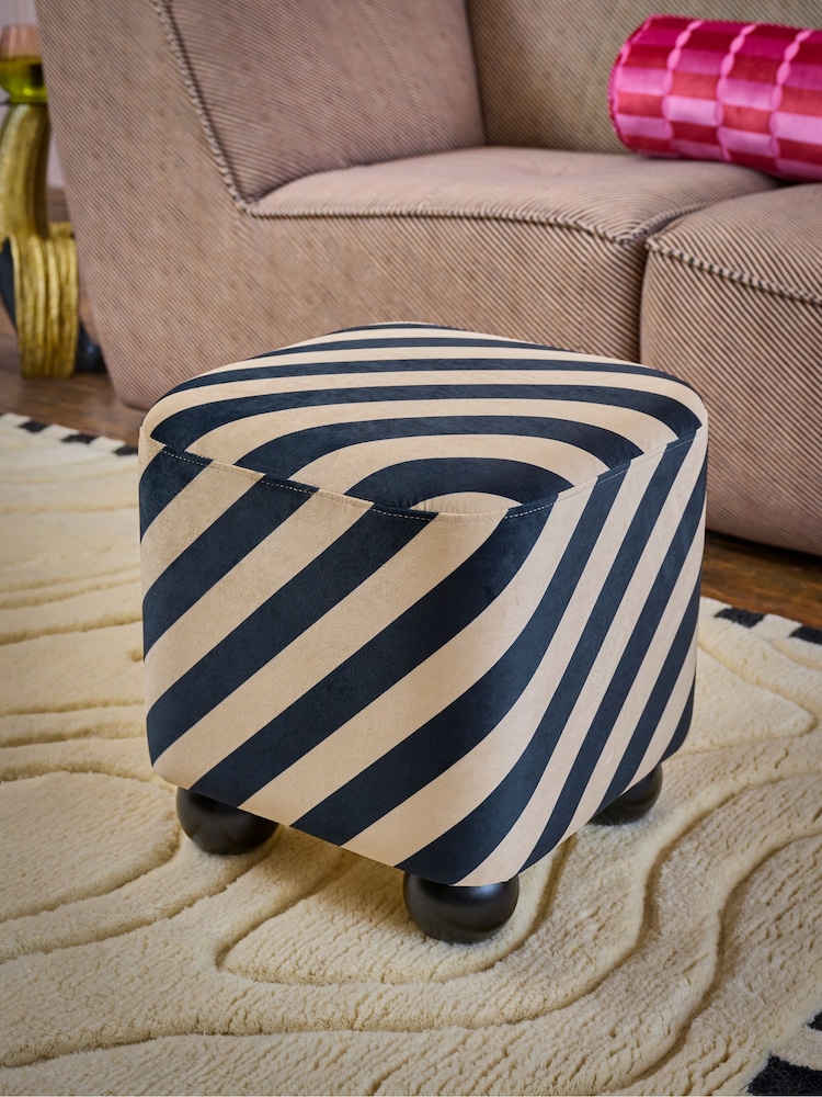 Rockett St George Studio Stripe Velvet Sand and Black The Balls Stool - Image 1 of 4