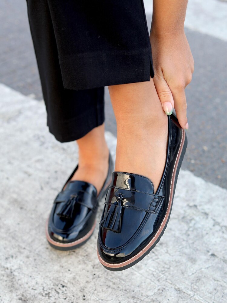 Linzi Black Patent Samson Slip-Ons Loafers With Tassle Trim - Image 1 of 4