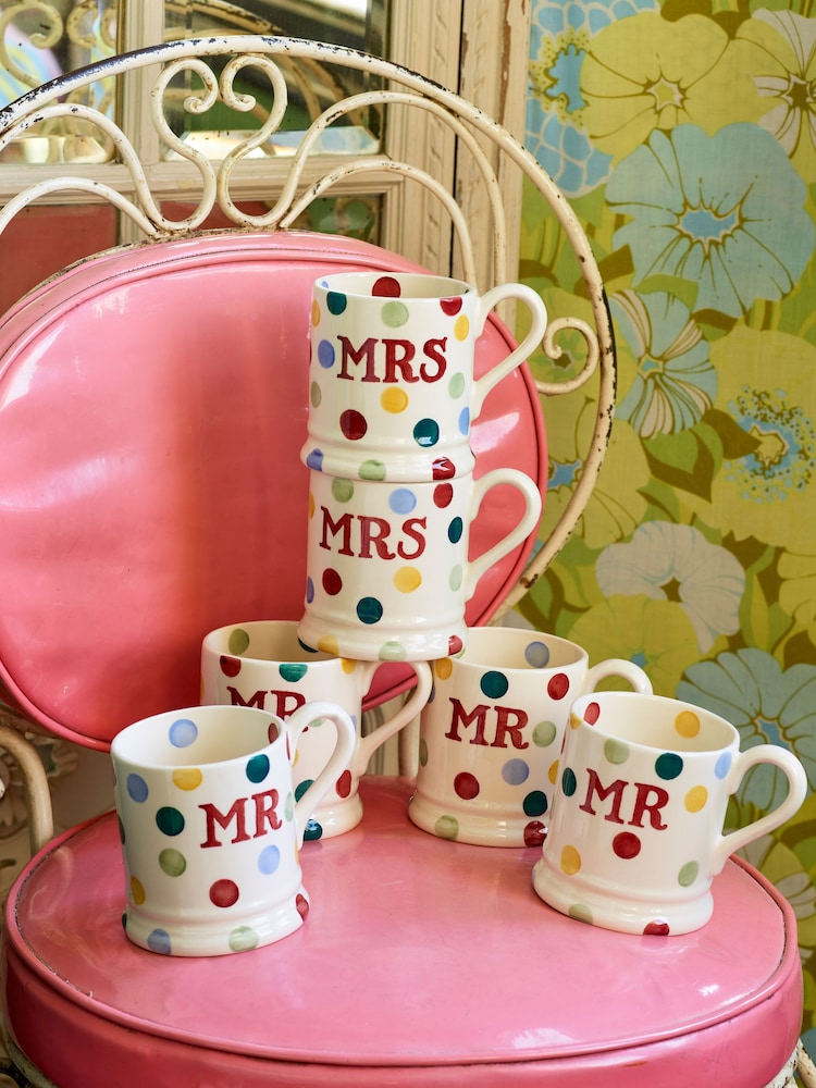 Emma Bridgewater Set of 2 Cream Polka Dot Mr & Mrs 1/2 Pint Mugs Boxed - Image 1 of 3