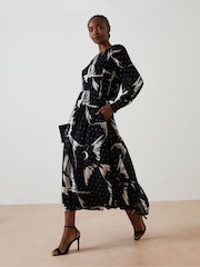FatFace Black Elaine Swallow Print Midi Dress - Image 1 of 6