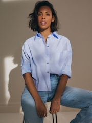Blue Contrast Long Sleeve Cotton Cropped Shirt - Image 1 of 7