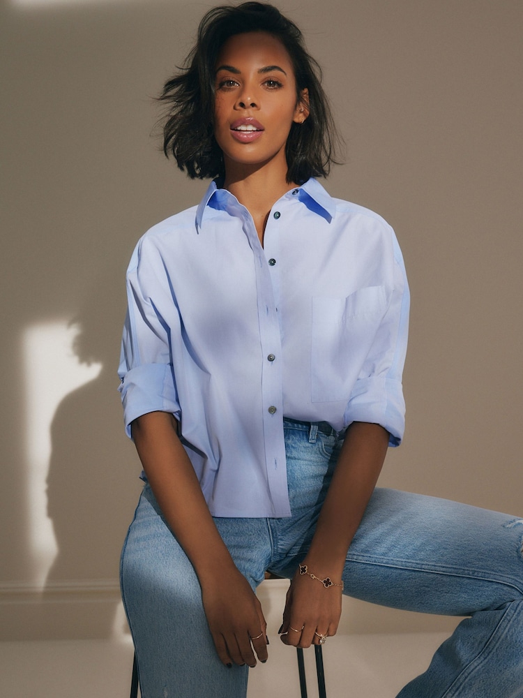 Blue Contrast Long Sleeve Cotton Cropped Shirt - Image 1 of 7