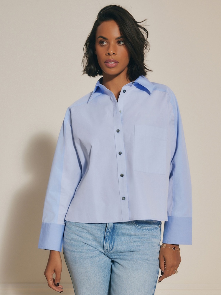Blue Contrast Long Sleeve Cotton Cropped Shirt - Image 2 of 7