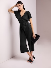 Black Plisse Short Sleeve V-Neck Wide Leg Belted Jumpsuit - Image 1 of 5