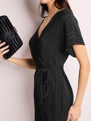 Black Plisse Short Sleeve V-Neck Wide Leg Belted Jumpsuit - Image 3 of 5
