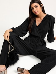Black Long Sleeve Plissé Jumpsuit - Image 1 of 5