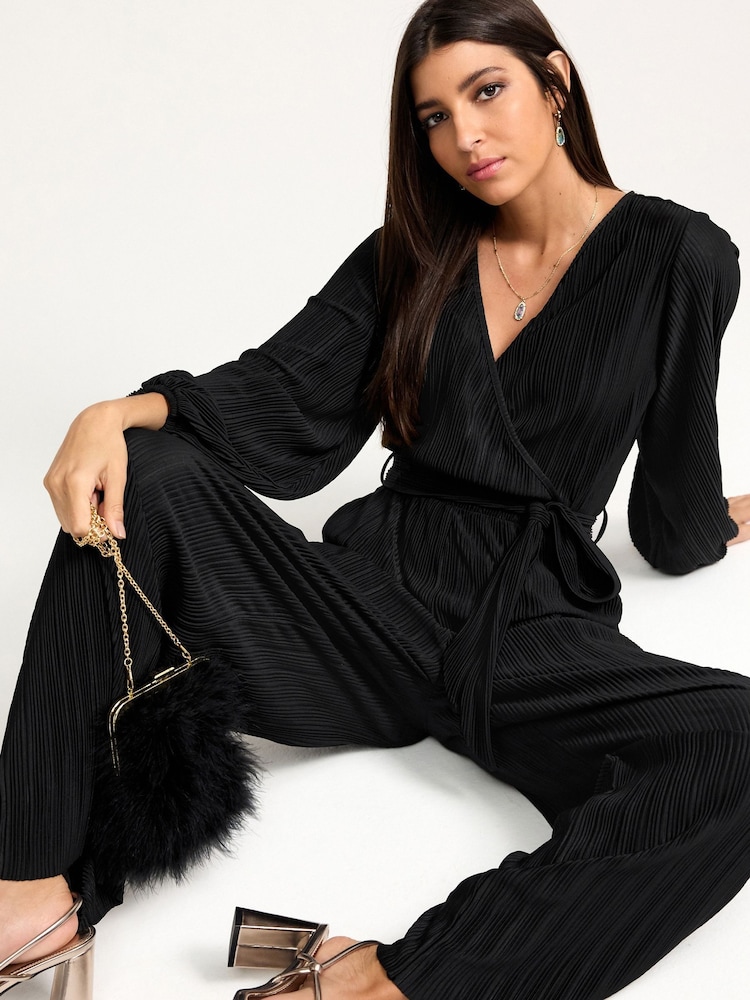 Black Long Sleeve Plissé Jumpsuit - Image 1 of 5