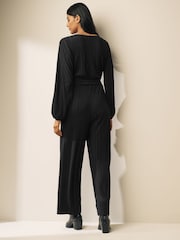 Black Long Sleeve Plissé Jumpsuit - Image 3 of 5