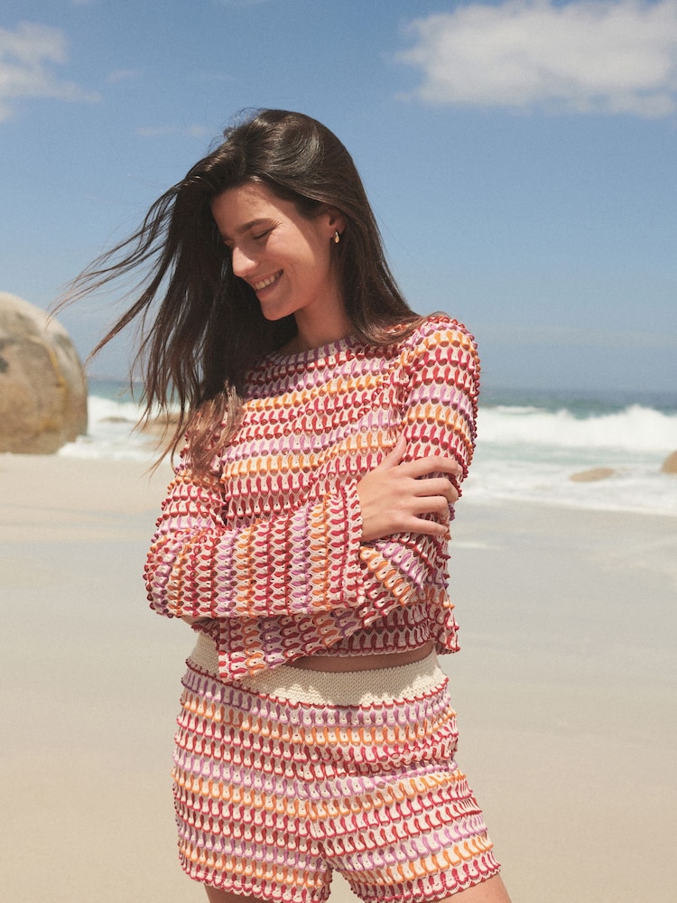 Pink/Orange Long Sleeve Crochet Top - Image 2 of 7