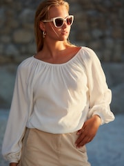 White Boat Neck Textured Blouse - Image 1 of 6