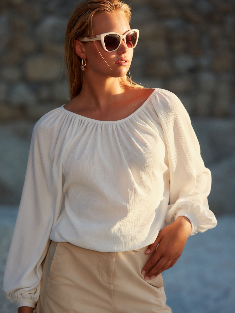 White Boat Neck Textured Blouse - Image 1 of 6