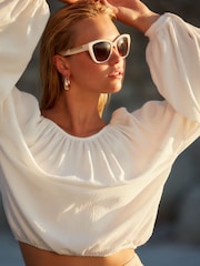 White Boat Neck Textured Blouse - Image 2 of 6