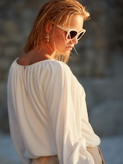 White Boat Neck Textured Blouse - Image 3 of 6