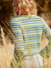 Green/Blue Long Sleeve Crochet Top - Image 3 of 7