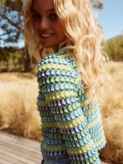 Green/Blue Long Sleeve Crochet Top - Image 4 of 7