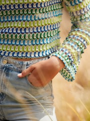 Green/Blue Long Sleeve Crochet Top - Image 5 of 7