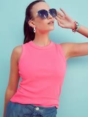 Fluro Pink Ribbed Racer Tank Vest Sleeveless Top - Image 1 of 6