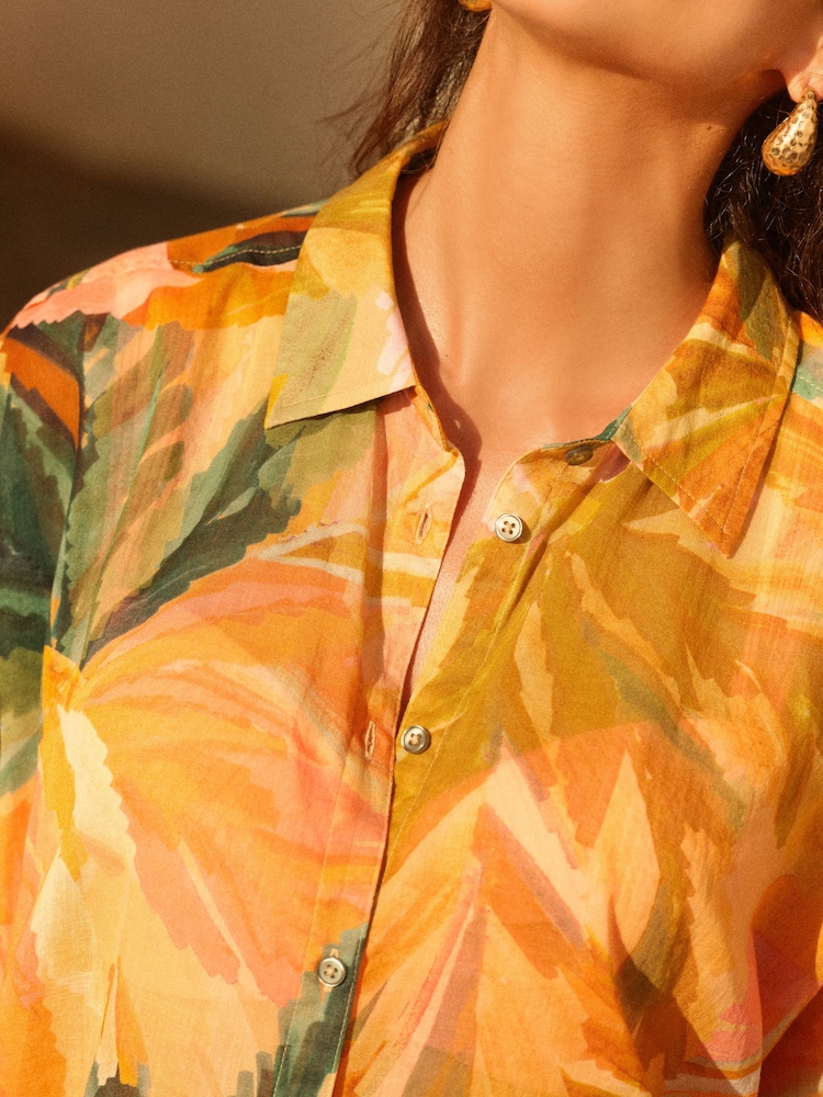 Coral/Pink Tropical 100% Cotton Beach Shirt Cover-Up - Image 4 of 7