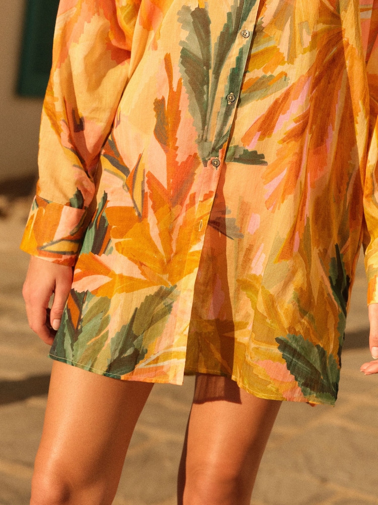 Coral/Pink Tropical 100% Cotton Beach Shirt Cover-Up - Image 5 of 7