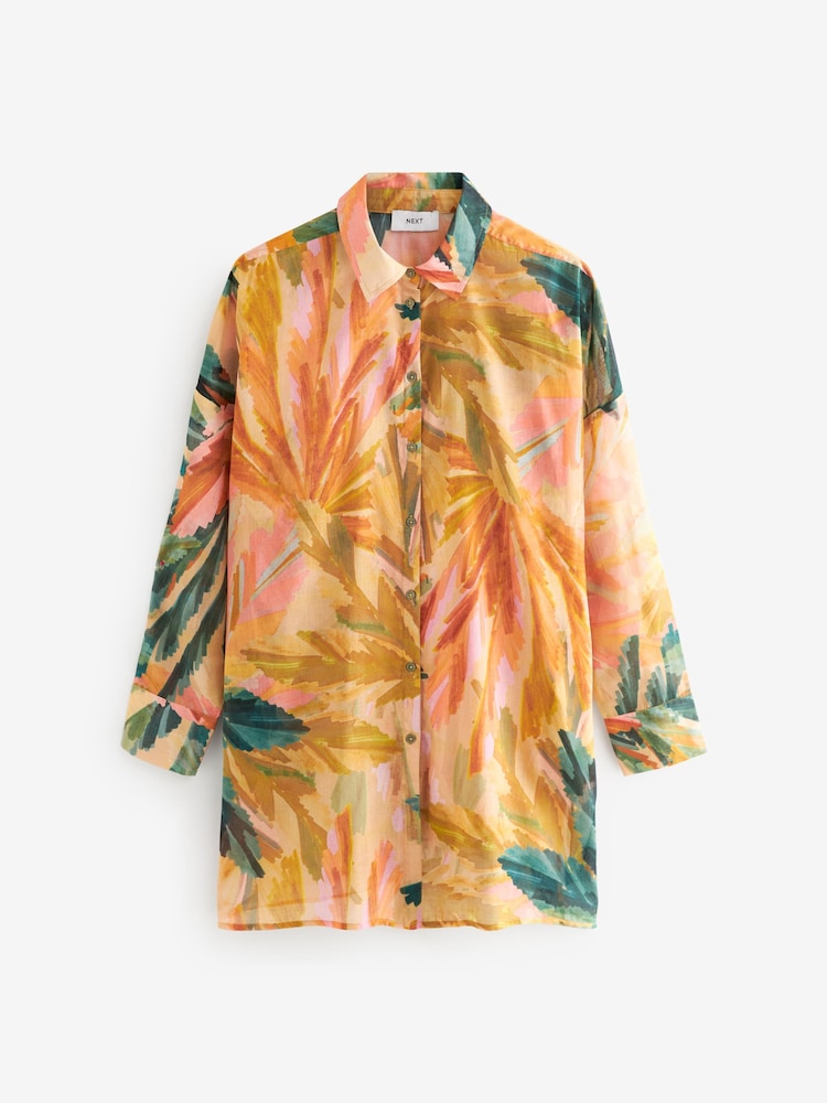 Coral/Pink Tropical 100% Cotton Beach Shirt Cover-Up - Image 6 of 7