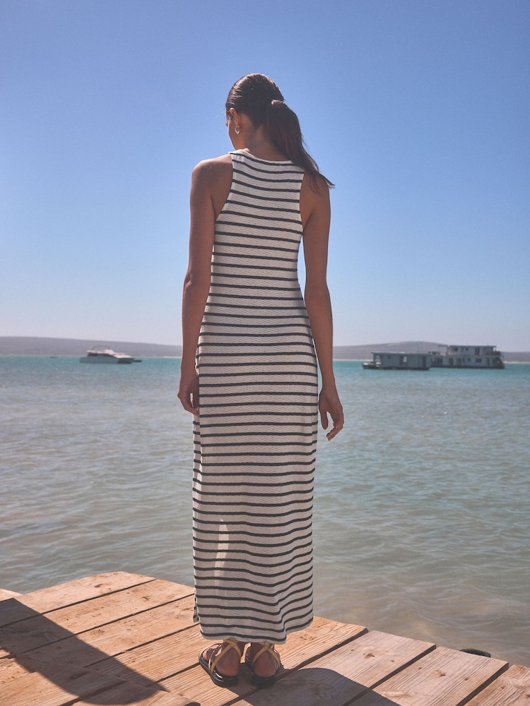 White/Black Stripe Tieside Sleeveless Jersey Maxi Dress - Image 2 of 6