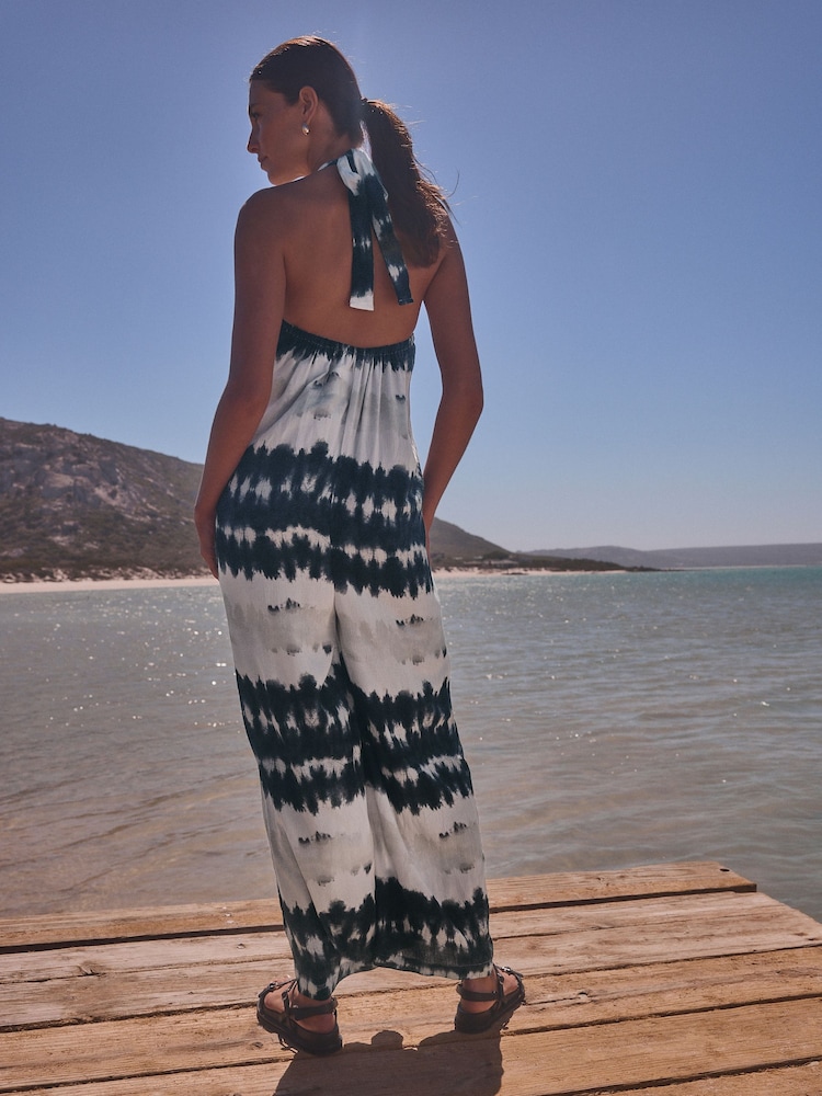 Black/White Tie Dye Halter Jumpsuit - Image 2 of 5 Black/White Tie Dye Halter Jumpsuit - Image 2 of 5
