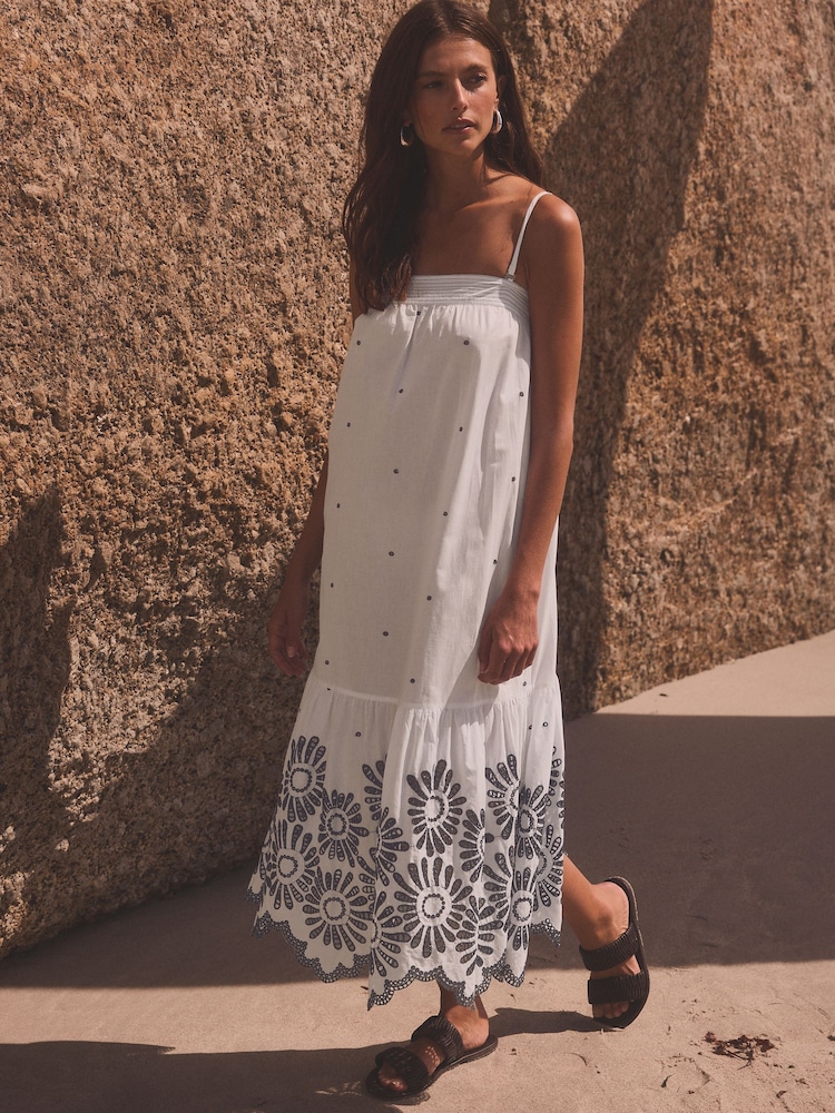 White/Blue 100% Cotton Embroidered Bandeau Maxi Summer Dress - Image 2 of 8
