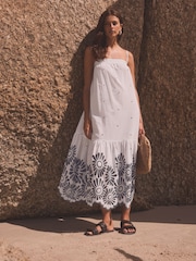 White/Blue 100% Cotton Embroidered Bandeau Maxi Summer Dress - Image 3 of 8