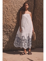 White/Blue 100% Cotton Embroidered Bandeau Maxi Summer Dress - Image 4 of 8