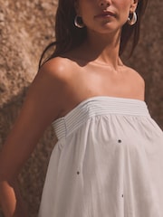 White/Blue 100% Cotton Embroidered Bandeau Maxi Summer Dress - Image 5 of 8