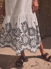 White/Blue 100% Cotton Embroidered Bandeau Maxi Summer Dress - Image 6 of 8