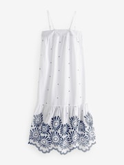White/Blue 100% Cotton Embroidered Bandeau Maxi Summer Dress - Image 7 of 8