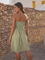 Khaki Green 100% Cotton Bandeau Jersey Embroidered Hem Summer Dress - Image 3 of 7