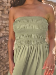 Khaki Green 100% Cotton Bandeau Jersey Embroidered Hem Summer Dress - Image 4 of 7